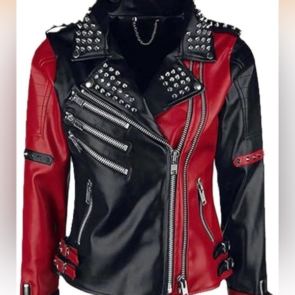 af leather factory Jackets & Blazers - Studded Red and Black Faux Leather Moto Jacket